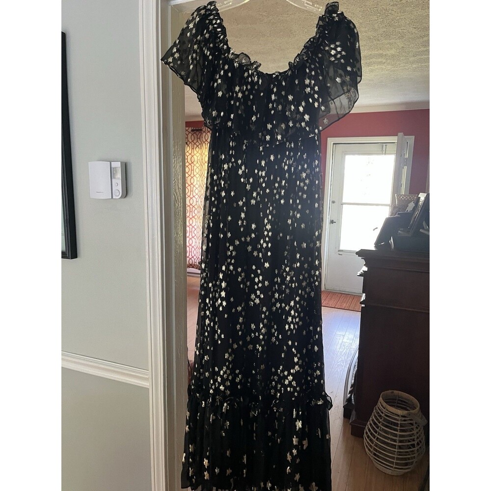 LoveShackFancy Black Silk Gold Metallic Star Maxi Off Shoulder Chiffon Dress 2 - Picture 3 of 16